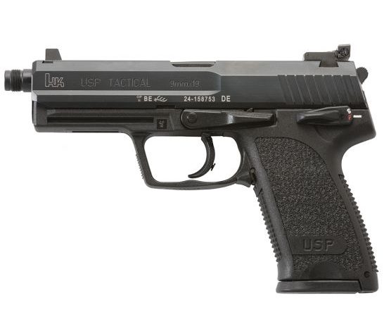 Heckler & Koch 81000347 Usp Tactical V1 9Mm Luger Caliber With 4.86" Threaded Barrel, 15+1 Capacity, Overall Black Finish, Serrated Trigger Guard Frame, Serrated Steel Slide & Polymer Grip Includes 2 Mags M709001T-A5