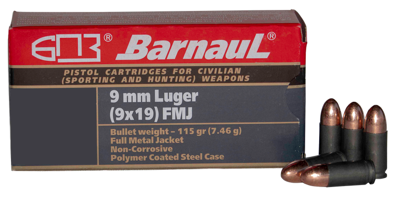 Barnaul 9Mm Pistol Ammo – 115 Grain  Fmj  Steel Casing  500Rd Case BRN9MMLUGERFMJ115-CASE