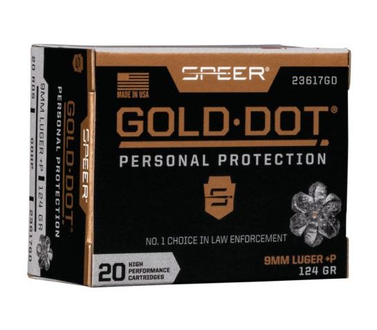 Speer Ammunition, Speer Gold Dot, Personal Protection, 9MM, 124 Grain, Hollow Point, +P, 20 Round Box