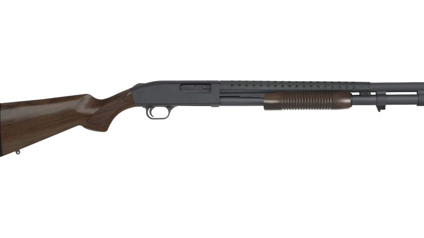 Mossberg, 590, Retrograde, Pump Action, 12 Gauge, 3" Chamber, 20" Heavy Barrel, Blue Finish, Wood Stock, Ambidextrous, 8Rd, Bead Sight