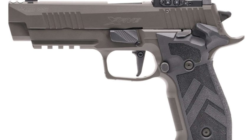 P226, XFIVE Legion, Hammer Fired, Single Action Only, Alloy Framed Pistol, Full Size, 9mm, 4.4″ Barrel, Cerakote Finish, Legion Gray, ROMEO-X Reflex Sight, Two Port Optics Ready Stainless Steel Slide With Integrated Expansion Chamber, Legion Pattern Black