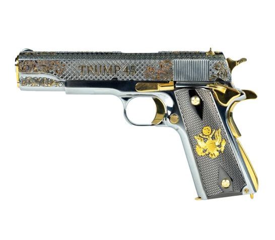 Auto Ordnance 1911A1 Trump 45, .45acp, 5″ Barrel, 1- 7rd Mag, Nickel Plated w/ Gold Accents, Pistol