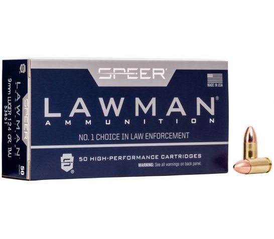 Speer Ammo 53651 Lawman  9mm Luger 124 gr Total Metal Jacket (TMJ) 50 Bx/ 20 Cs