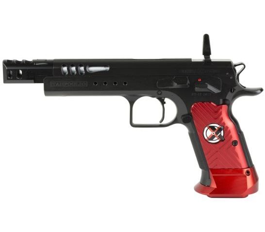 Tanfoglio IFG TF-DOMX-9 Domina Xtreme 9mm Luger Caliber with 5.20″ Barrel, Overall Black Finish, Beavertail Frame, Steel Slide & Red Polymer Grip