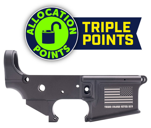 Anderson AM-15 Forged Stripped AR15 Lower Receiver – Black | Flag & “These Colors Never Run” Slogan | Retail Packaging