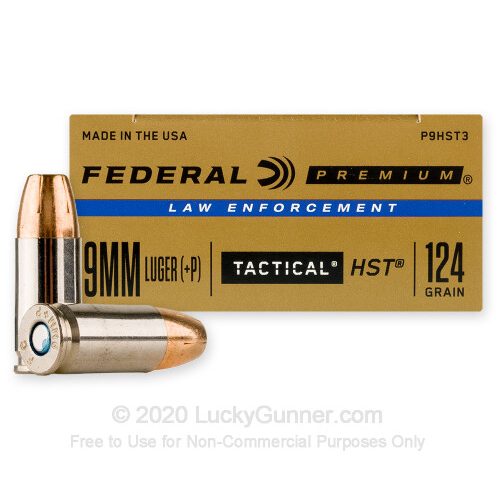 Federal Premium Tactical 9 mm +P 124 Grain Jacketed Hollow Point Nickel Plated Brass Cased Centerfire Pistol Ammo, 50 Rounds, P9HST3