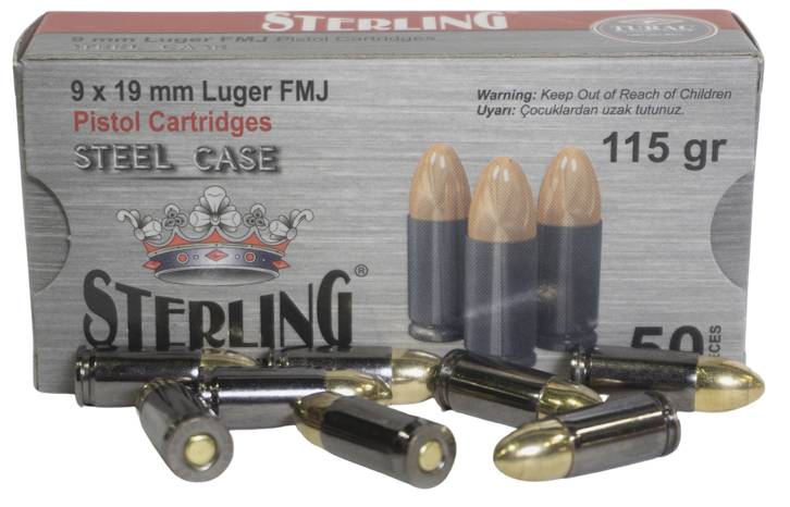 STERLING 9MM 115GR FMJ STEEL CASED AMMUNITION 50rd BOX