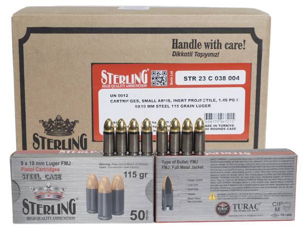 STERLING 9X19MM LUGER FMJ STEEL CASING 115GR CASE1500 UPC: 8698779967215