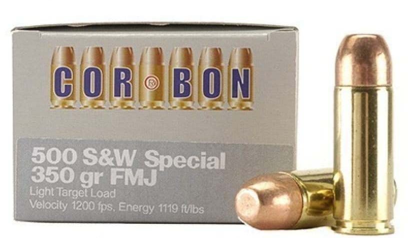 Cor Bon .500 S&W Magnum 350 Grain Full Metal Jacket Brass Cased Pistol Ammo, 12 Rounds, HT500SW350FMJ