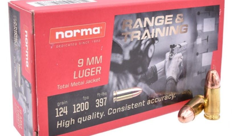 Norma Range and Training 9 mm 124 Grain Full Metal Jacket Brass Cased Pistol Ammo, 50 Rounds, 801902144