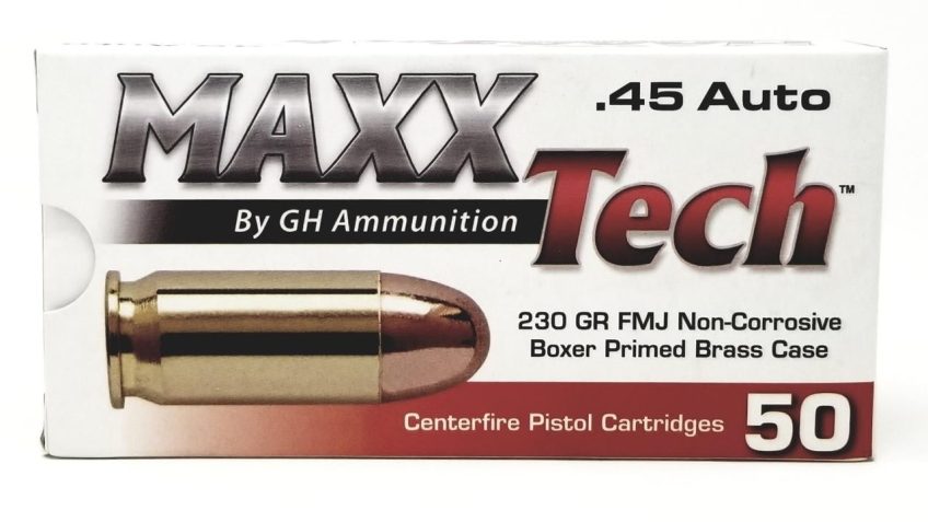 MAXXTECH .45 ACP 230 Grain Full Metal Jacket Brass Cased Centerfire Pistol Ammo, 50 Rounds, PTGB45B