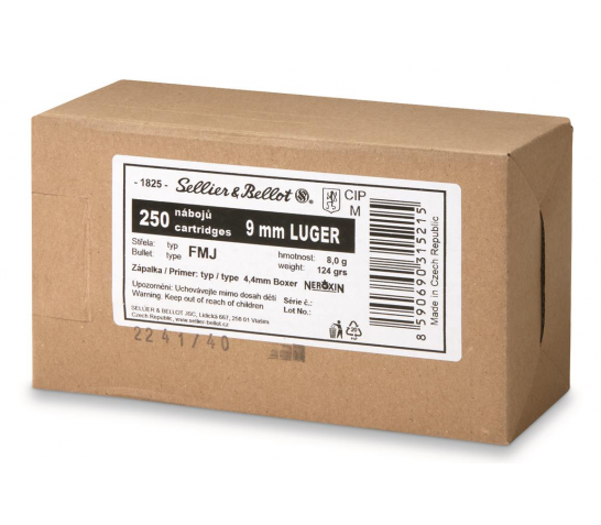 SELLIER & BELLOT 9mm Luger 124 Grain FMJ 250rd Box Handgun Ammo (SBV315204)